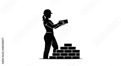 Minimalist silhouette icon of a female bricklayer lifting a brick.