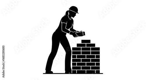 Minimalist silhouette icon of a female bricklayer lifting a brick.
