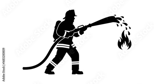 Minimalist silhouette icon of a firefighter holding a hose.