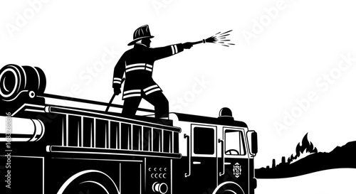Minimalist silhouette icon of a firefighter on a fire engine.
