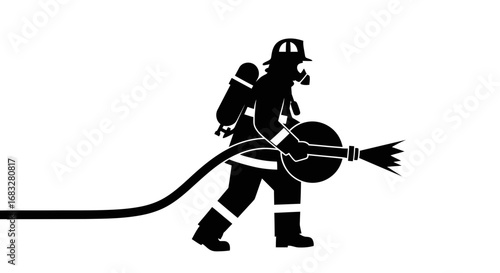 Minimalist silhouette icon of a firefighter pulling a hose reel.