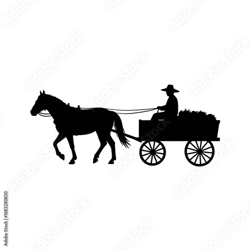 Horse pulling a cart with a farmer - simple silhouette icon.