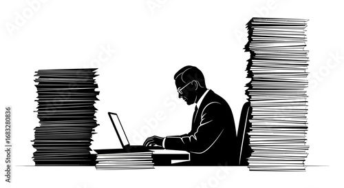 Minimalist silhouette icon of a journalist typing on a laptop.