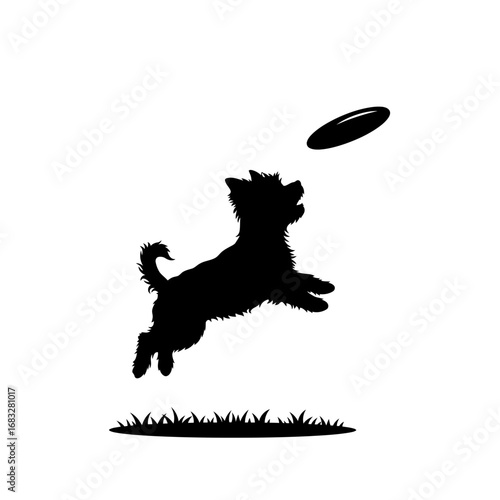 Playful dog jumping to catch a frisbee - simple silhouette icon.