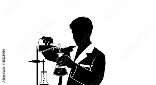 Minimalist silhouette icon of a scientist pouring liquid.