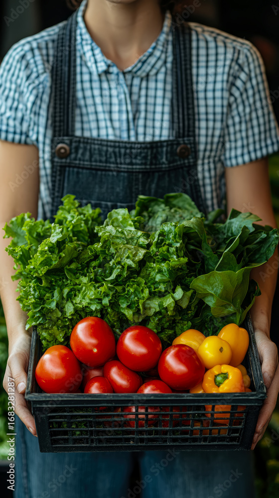 Fototapeta premium Close-up of person in denim overalls and plaid shirt holding black crate overflowing with vibrant, freshly harvested green lettuce, red tomatoes, and yellow bell peppers