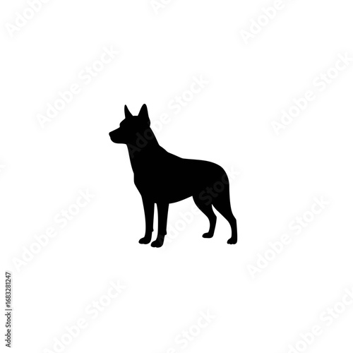 Silhouette of a dog standing alert with ears perked up.