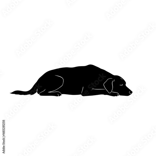 Silhouette of a dog lying down with its head on its paws.