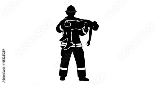 Silhouette of a firefighter carrying an unconscious person.