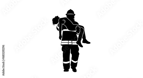 Silhouette of a firefighter carrying an unconscious person.