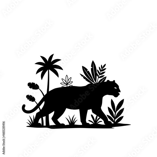 Silhouette of a panther stalking through jungle foliage.