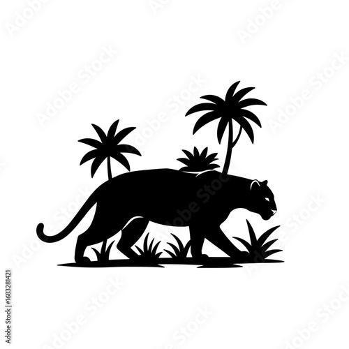 Silhouette of a panther stalking through jungle foliage.