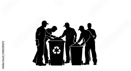Minimalist silhouette icon of waste collectors with a recycling bin.