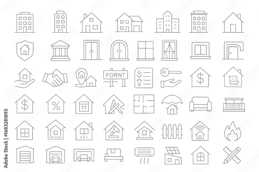 Fototapeta premium Set of 50 Line Icons Related to Apartment, Flat, Home, Architecture, Property, Building, Residential, Editable Stroke.
