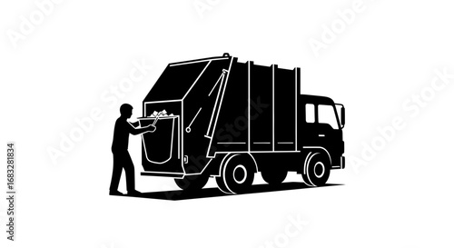 Minimalist silhouette of a waste collector securing a garbage truck.