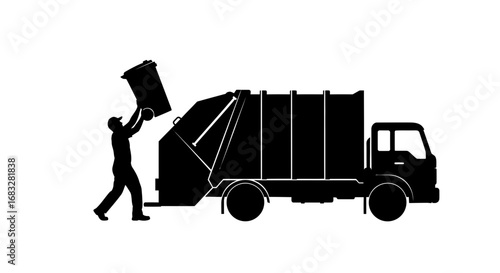 Minimalist silhouette of a waste collector lifting a garbage bin.