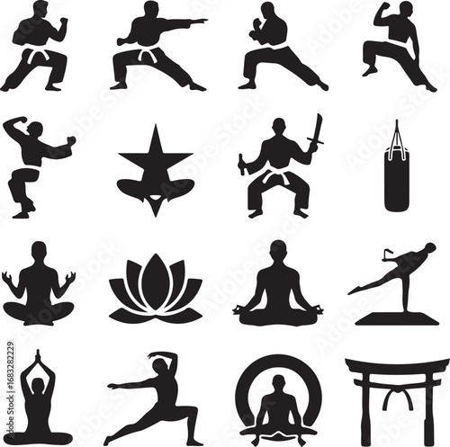 Silhouettes of martial arts poses yoga meditation and cultural symbols karate kung fu