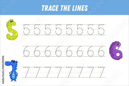 Numbers tracing practice. Writing number five, six, seven. Tracing worksheet with cute monster digits. Ready for print. Educational game for preschool kids. Activity page. Vector