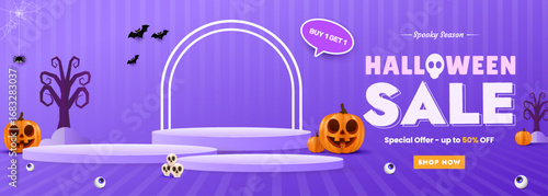 Halloween Podium Sale Banner with Decorative Pumpkins and Festive Design on Purple Background