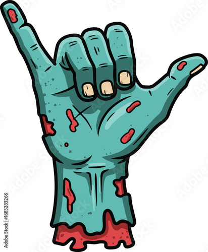 Zombie Hand Making Shaka Sign, Halloween Horror Gesture Illustration, Undead Arm with Bloody Details, Scary Vector Clipart Isolated