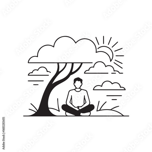 Man meditating under a tree with clouds and sun, peaceful outdoor scene, isolated on white background technology background
