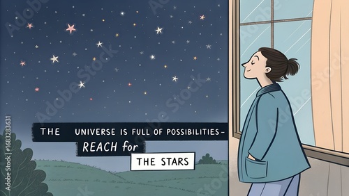 Woman Gazing at Starry Night Sky with Inspirational Quote.