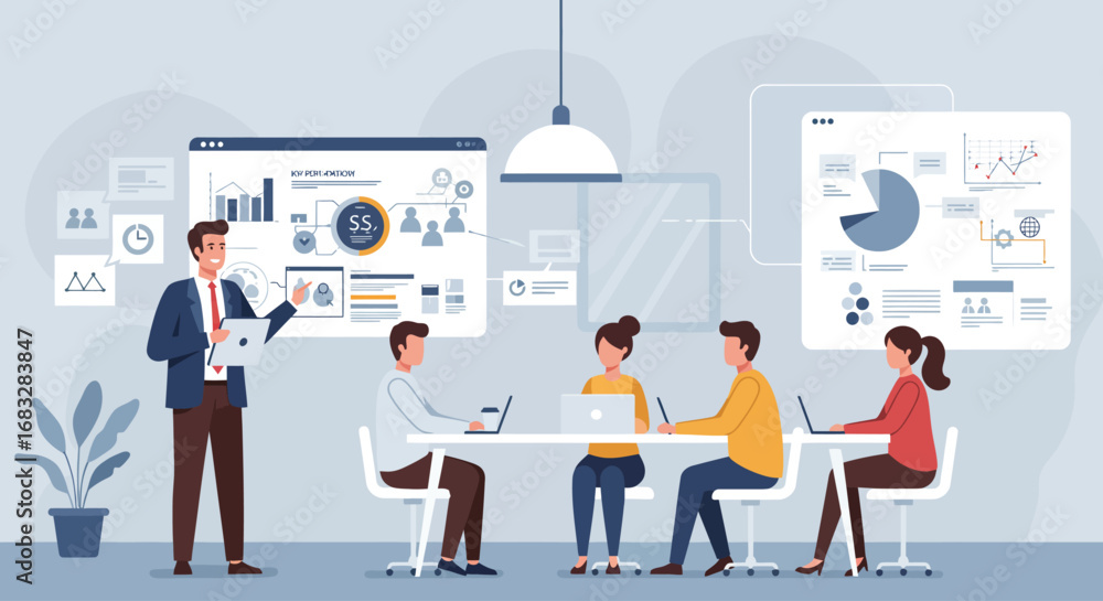 Fototapeta premium Business team meeting, data analysis presentation, collaborative work, office setting, charts, graphs.