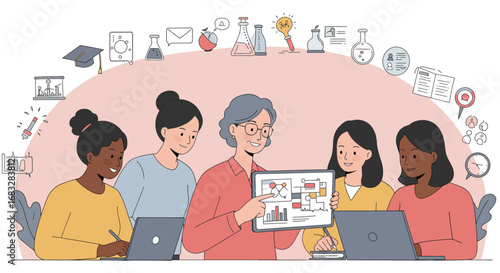 A diverse group of students and an instructor engaged in a science lesson, with various scientific symbols and icons encircling them.