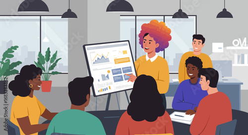 A diverse team of colleagues collaborates during a business meeting, with a woman presenting data on a board.