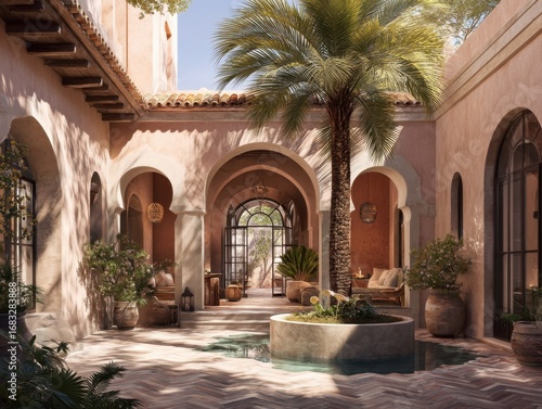 A courtyard with a tree in the center. There are several potted plants around the courtyard. A bench is located near the center of the courtyard