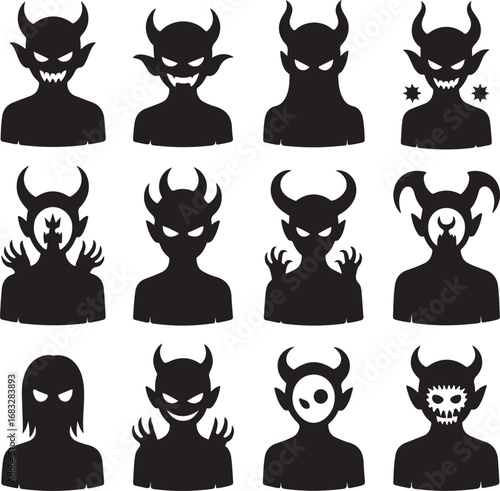 Spooky Devil and Demon Character Silhouettes on White Background monster creature