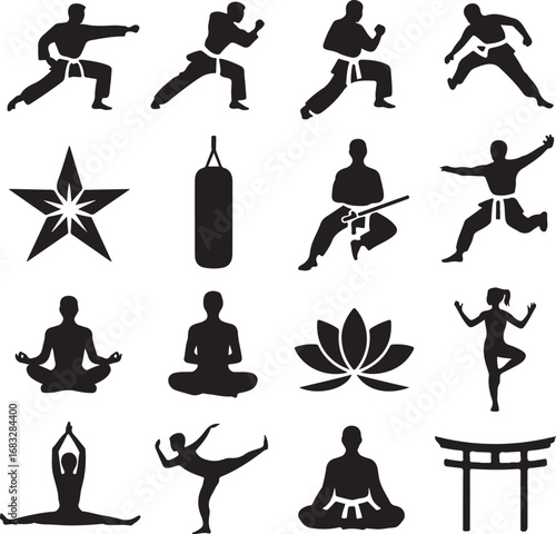 Silhouettes of martial arts poses yoga lotus flower and Japanese torii gate karate fighter
