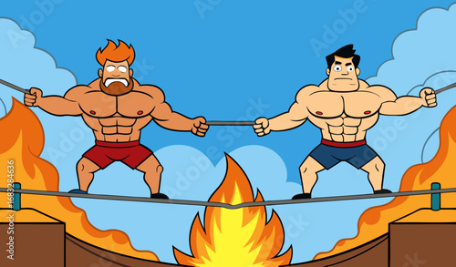 Two muscular men standing on a burning bridge, one holding a rope while the other jumps into a raging river, cinematic action movie shot."