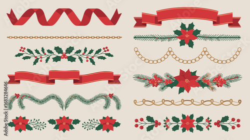 Vector art of collection of christmas decorative borders and ribbons design 
