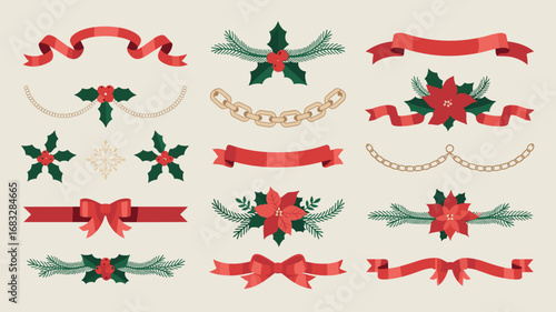 Vector art of christmas ribbons and decorative elements for holiday design 
