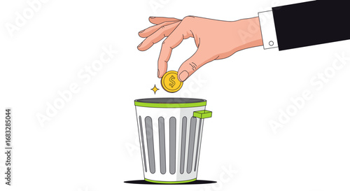 Business owner carelessly discards valuable coin into trash can, symbolizing financial waste and poor decisions.