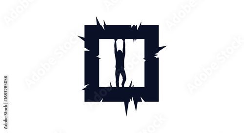 Determined silhouette hangs from bar, pushing boundaries in a bold, abstract frame