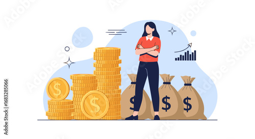 Confident businesswoman stands amidst stacks of gold coins and money bags, symbolizing financial success and growth.