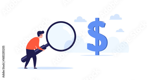 Man with magnifying glass searches for dollar symbol, exploring financial opportunities and investments