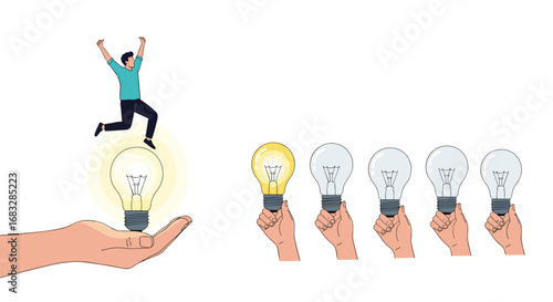 Man leaps with joy above a glowing lightbulb held by a hand, symbolizing breakthrough ideas and innovation