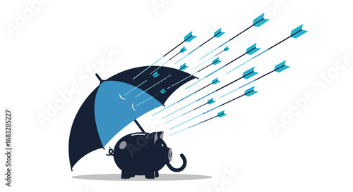 Piggy bank protected by umbrella from incoming arrows, symbolizing financial security against risks.