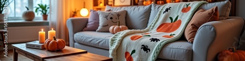 Cozy autumn living room with pumpkin decor and knitted blanket illuminated by candlelight