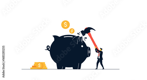 Determined businessman smashes piggy bank for cash, symbolizing financial risk and reward strategies
