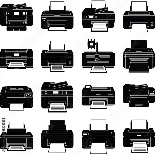 Printer silhouettes collection, office printers, laser printers, inkjet printers, printing devices, black and white icons, technology equipment, paper output