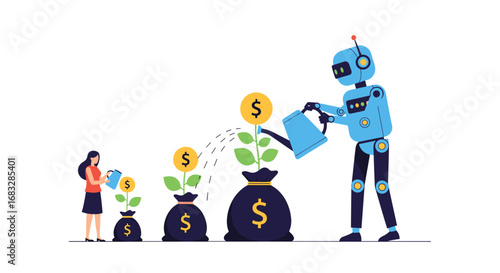 Woman and robot nurture money trees symbolizing financial growth and automation in business