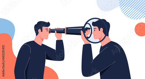 Man with spyglass discovers future opportunities, seeking success with sharp vision and strategic planning
