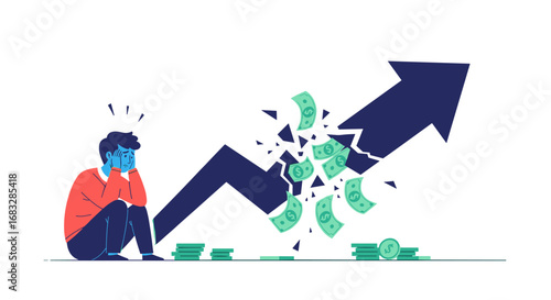 Worried businessman watches money scatter as financial graph breaks, symbolizing economic downturn