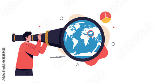 Man with telescope observes world map, symbolizing global strategy and business expansion opportunities.