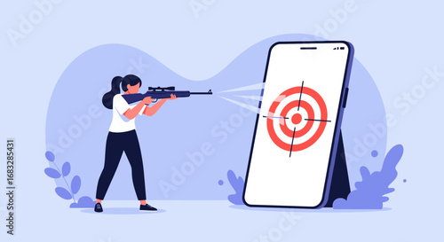 Focused businesswoman aims sniper rifle at mobile phone target, achieving precision marketing goals