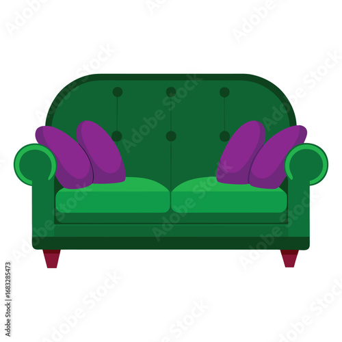 Green sofa with purple throw pillows couch furniture Vector illutration isolated on white background